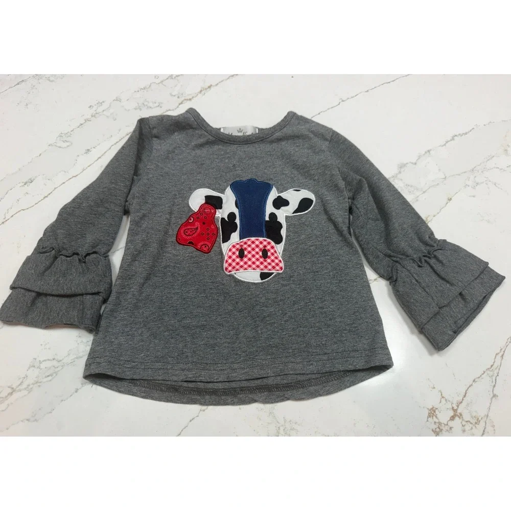 Marie Nicole Kids XS Cow Print Bell Bottom Set Grey Ruffle Top Red Bows Western